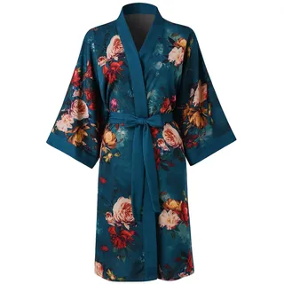 Ledamon Damen Kimono Kurz Robe für Frauen - Pocket Floral Bademantel Nachthemd (Dunkelgrün)