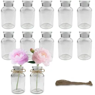 VELLUSTRA 12 Stück Mini Glasvasen, 125ml Vasen Klein, mit Juteschnur, Vase Deko, Minimalistische Blumenvase Glas Vasen Set für Hochzeit Party Esstisch Tafelaufsatz Tischvase Deko, Spülmaschinenfest