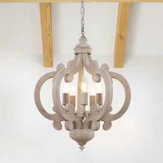 KMaiPem Vintage Holz Kronleuchter, 5 Lichter Höhenverstellbare Bauernhaus Landhaus Hängelampe Wohnzimmer, Modern Französischer Rustikal Pendelleuchte für Schlafzimmer Küche Flur Esszimmer