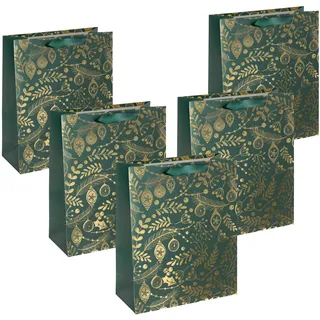 Sigel GT118/5 große Premium Geschenktüten aus Papier, 5er Set, gold/grün, mit Seidenbandgriffen, 26 x 33 x 12 cm, Golden ornaments on green, Papier-Geschenktaschen Weihnachten