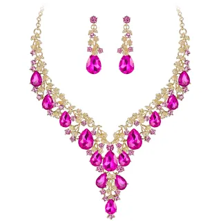 Clearine Hochzeit Schmuck-Set Tropfen Strass Cluster Statement Halskette und Ohrhänger-Set Kostümschmuck für Damen Fuchsia Gold-Ton
