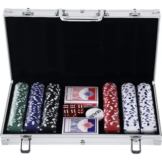HOMCOM Pokerkoffer Pokerset 300 Pokerchips 2 x Kartenspiel 5 x Würfel 1 x Alukoffer 5 Farben 38 x 20,5 x 6,5 cm 11,5 g/Chip aus Kunststoff