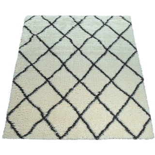 Paco Home Hochflor-Teppich »Maghreb 075«, rechteckig, 54 mm Höhe, Rauten Muster Scandi Design, Weich Shaggy Flokati Skandi Modern Creme Weiß, Grösse:80x150 cm -