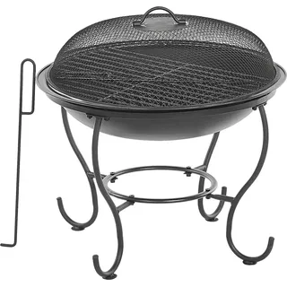 BELIANI Feuerstelle Schwarz Stahl runde Feuerschale mit Funkenschutzhaube Grillrost Schürhaken in rustikaler Optik Garten Outdoor Ausstattung - Schwarz