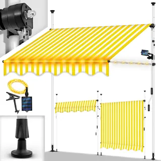 tillvex Klemmmarkise 250 cm Gelb/Weiß mit Solar LED mit Handkurbel Balkon | Balkonmarkise ohne Bohren | Markise UV-beständig & höhenverstellbar | Sonnenschutz wasserdicht - Gelb, Weiß