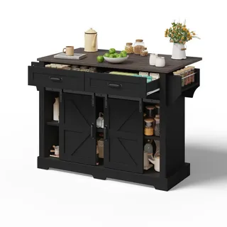 Modfu Kücheninsel aus MDF 120x45(70)x91 cm Schwarz mit klappbarer Arbeitsplatte, Schiebetüren, Schubladen und Rollen , Holzwerkstoff , 120x91x70 cm , Küchen, Küchenmöbel, Kücheninseln