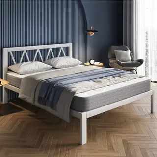 Avenco Bettgestell Metallbett 90 x 190 cm Bettgestelle Bett mit Metall Lattenrost 131cm Leichte Montage Stauraum unter dem Bett Weiß