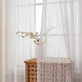 Gazal Vole Weiße Boho Häkelgardinen 2er Set, H 160 x B 140 cm, lichtdurchlässige Spitzengardinen mit Stangentasche, Makramee Vorhänge für Wohnzimmer Schlafzimmer und Balkontür
