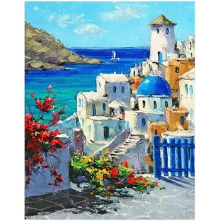 DCIDBEI 40 x 50 cm Santorin Diamond Painting Set quadratisch Square,5D Diamant Malerei Landschaft Meer Strand, Diamond Kunst für Erwachsene und Kinder Handwerk Wanddekoration Deko