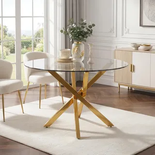 MODFU Runder Esstisch 80 cm mit Sicherheitsglasplatte, Goldbeinen und modernem Kreuzfuß, Eleganter Küchentisch für Esszimmer und Wohnzimmer, Gold/Glas - Gold