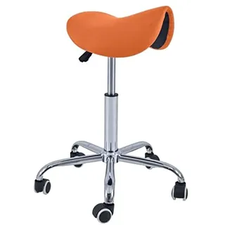 QUIRUMED Pony-Hocker mit 5 Rädern, Chromgestell, orange Farbe, Kunstlederpolsterung, höhenverstellbar, leicht, ergonomisches Design, drehbar, bis zu 150 kg
