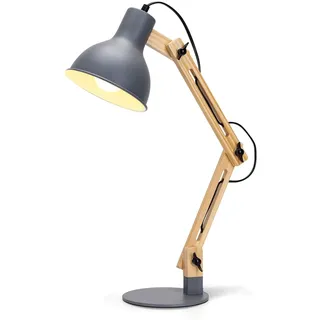 Aigostar Schreibtischlampe Retro mit Verstellbarem Arm, Tischleuchte im Klassichen Holz-Design, E27 Fassung, Vintage Nachttischlampe für Schlafzimmer, Wohnzimmer - Grau
