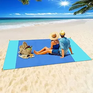 Stranddecke Sandfrei, Picknickdecke Wasserdicht Überdimensioniert 210 x 200 cm Strandtuch Strandmatte 4 Befestigung Ecken für den Strand, Wandern, Campen und Outdoor (Blau)