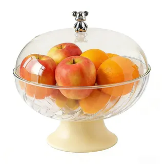 Hynorian Obstschale mit Deckel und Abtropfeinsatz Transparent – Kunststoff Fruchtschale mit Fuß für Tischdeko und Küche, Snackschale mit Haube für Hochzeit, Party, Dessert, moderne Servierschale