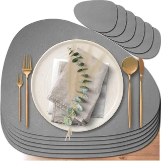 Mahewa® 6er Set Premium Tischset aus Kunstleder - Platzset abwaschbar und wasserdicht - Platzdeckchen Telleruntersetzer in Lederoptik (Silber/Hellgrau, Oval)