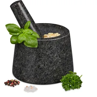 Relaxdays Mörser mit Stößel, Granit, poliert, langlebig, für Gewürze und Kräuter, Steinmörser D: 13,5 cm, dunkelgrau, Anthrazit