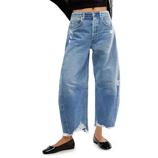 Cicy Bell Damen Baggy Wide Leg Jeans Barrel Hufeisen Boyfriend Cropped Raw Hem Denim Pants, Hell, blau, 38