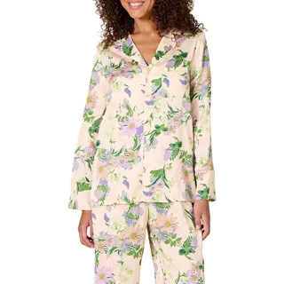 Amazon Essentials Damen Langärmeliges Schlafshirt aus Satin mit normaler Passform (Hose separat erhältlich), Beige Pfirsich Floral, M