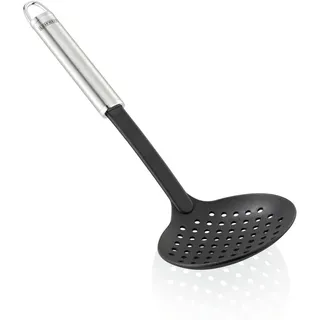 Leifheit Schaumlöffel 36 cm NylonSterling-Serie, Abseihlöffel aus rostfreiem Edelstahl und Nylon zum Kochen ohne Kratzer, Sieblöffel mit ovalem Griff, Schaumkelle mit praktischer Aufhängeöse, Silber