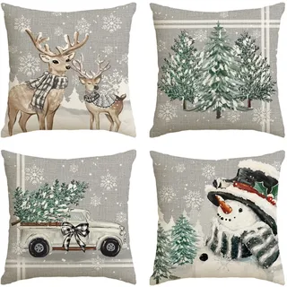 Artoid Mode Rentier Bäume Lastkraftwagen Schneemann Weihnachten Kissenbezüge 4er Set, 40x40 cm Winter LKW Zierkissenbezug Cushion Cover Couch Deko