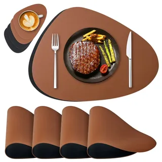 NOSTHEART Tischsets Abwaschbar 4er Set, Platzsets Abwischbar Tischsets Leder Rund Hitzebeständig rutschfest Platzdeckchen mit Untersetzer, Doppelseitigen - Schwarz Braun