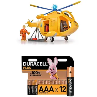 Simba 109251002 - Feuerwehrmann Sam Hubschrauber Wallaby II, mit Tom Thomas Figur, mit Licht und Originalsound, mit drehbarem Rotor und Seilwinde + Duracell Plus AAA Alkaline-Batterien, 12er Pack