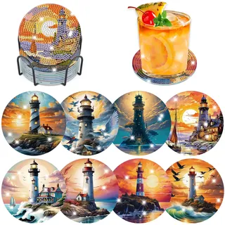 Lxmsja 8 Stück Untersetzer für Diamond Painting Leuchtturm, unter Glas, Diamond Painting Landschaft, Diamant-Malerei, Untersetzer mit Halterung, für Tassen, Weingläser, Vasen und Haushaltsküche