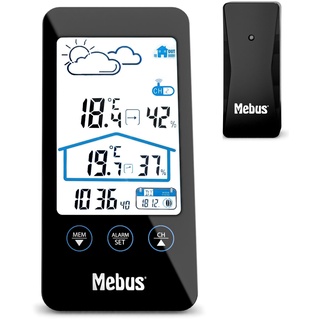 Mebus Wetterstation mit Außensensor, zeigt Temperatur und Luftfeuchtigkeit innen und außen, mit Wettervorhersage und Mondphasen, Displaybeleuchtung, Wecker/Farbe: Schwarz/Modell: 11908, 16 cm