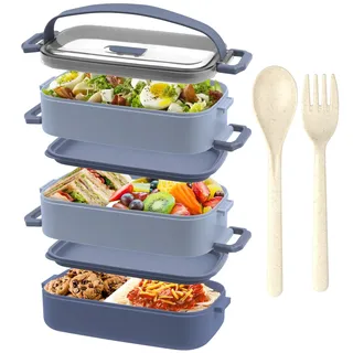 OITUGG Brotdose - 3 Etagen Lunchbox für Erwachsene - 2200ml Bento Box, mit Besteck und 3 stk Fächern Einstellbar, BPA Frei, Mikrowellengeeignet, Blau, 19.5 x 11.2 x 15cm, ohne Edelstahl Inner