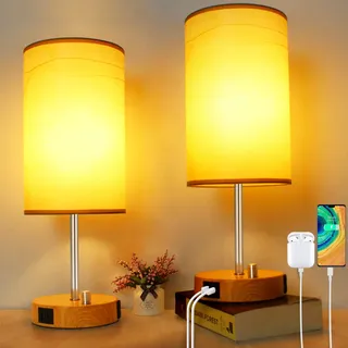 Wondlumi LED Tischlampe 2er Set, Dimmbar Nachttischlampe mit USB Ladefunktion, Kleine Holzmaserung Tischleuchte E27 mit Schirm für Schlafzimmer Geschenk, inkl. 8W Warmweiß LED-Birne