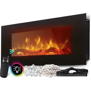 Heidenfeld Elektrokamin HF-WK300 - LED - 750-1500 Watt - Wandkamin mit Fernbedienung - 3D Flammeneffekt - Digitalanzeige (Schwarz 128.0 x 55.0 cm) - Schwarz