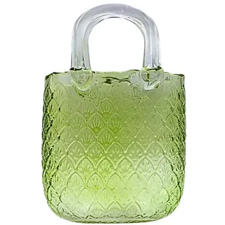 Blumenvase, Dekovase, Pflanzenvase, Tischvase, Glasvase, Blumenvase als Handtasche, Handtaschenvase aus Glas, in hellgrün mit Henkel, Größe: L/B/H 15 x 10 x 24 cm.