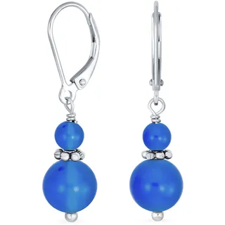 Edelstein Natürlicher Blauer Achat Boho Bali Milgrain Edged Beaded Rondel Separator Double Ball Round Drop Dangle Earrings For Women Teen .925 Sterling Silver Lever Back