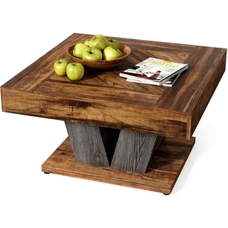 LITTLE TREE Quadratischer Couchtisch, moderner rustikaler Couchtisch für das Wohnzimmer, Holztisch mit verstellbaren Füßen, braun