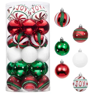 Valery Madelyn 30 Stück Weihnachtskugeln Rot Grün Weiß, 6cm Christbaumkugeln Kunststoff mit Aufhänger Weihnachtsdeko,Christbaumschmuck Weihnachtsbaum Plastik