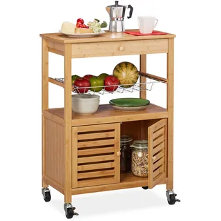Relaxdays Küchenwagen Bambus, Arbeitsplatte, Schrankfach & Korb, Servierwagen mit Rollen, HBT: 82 x 59,5 x 35 cm, natur