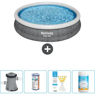 Bestway runder aufblasbarer Fast-Set-Pool – Rattan-Druck – 366 x 76 cm – inklusive Pumpe Filter - Teststreifen - Chlor - Grau