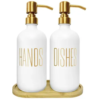 Seifenspender Set Goldenes Seifenspenderset für die Küche mit Bambusplatte - Hand- und Spülseifenspenderset, Weiße Gläserflaschen mit Gold Bedruckten Etiketten, 17oz/480ml Jede