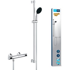 GROHE Precision Flow - Thermostat Brauseset wassersparend ~9l/min (1 Strahlart, Sicherheitssperre bei 38°C, 90cm Brausestange, inkl. Montagewerkzeug), rund, chrom, 34805001