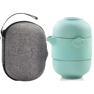 TAMUME Reise-Teeservice, Teekanne und Teetassen aus Porzellan für 2 Personen, mit Reisetasche (Grün)