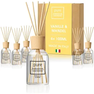 PURE ROOM EDITION 6X 100ml Vanille & Mandel Raumduft SparBox | natürliche Inhaltsstoffe, vegan & tierversuchsfrei, Bio-Alkohol, Diffuser mit Stäbchen hergestellt in Italien