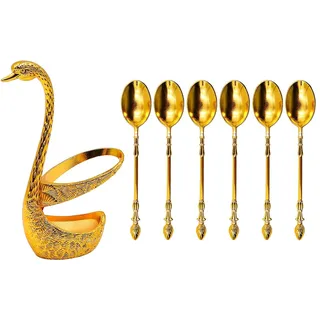 VOANZO Teelöffel 6er Set mit Teelöffelablage Gold Schwan Löffelablage für Kaffeelöffel Teelöffel Dessertlöffel