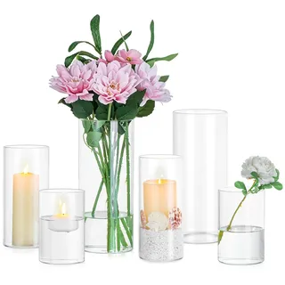Glasseam Vasen Set Glasvase Zylinder: 6er Blumenvase Modern Vase Glas für Hochzeit Tischdeko Home Wohnzimmer Deko - Glaszylinder Blumenvasen Windlicht Kerzenhalter für Kerzen Tulpen Rosen