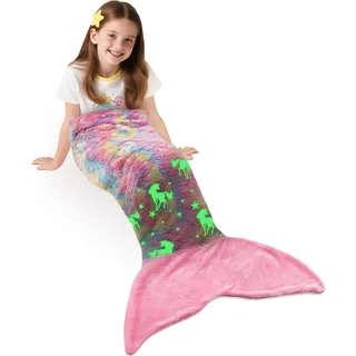 Glow in The Dark Meerjungfrauen Schwanz Decke, weicher Warmer Plüsch Fleece Schlafsack Kuscheldecke, 155 x 50 cm Fischschuppenmuster, Einhorn