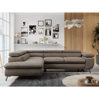 MKS Meble Ecksofa Sofa Braun, Wohnlandschaft L-Form mit Schlaffunktion und Bettkasten, Schlafsofa mit Bettkasten, Sofa mit Einstellbare Kopfstützen, Peter L - Braun Velvet - Links Braun - Beige
