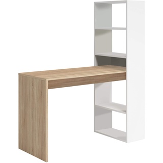 HOGAR24 ES Computertisch | Schreibtisch mit Bücherregal | Arbeitstisch | wendbar | Farbe Weiß und Eiche Cambrian | Maße: 140 cm (Höhe) x 122 cm (Breite) x 50 cm (Boden)