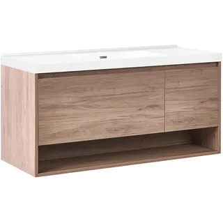 Beliani Wandmontierter Waschbeckenunterschrank mit Waschbecken UMAYO 120 cm Hellbraun