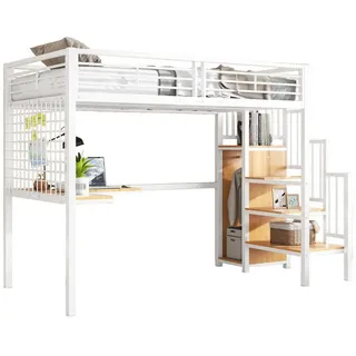 Beaok Hochbett 90/200 cm in Weiß/Natur – mit Schreibtisch, Kleiderschrank und Treppe , Holzwerkstoff , 90x200 cm , Babymöbel & Kindermöbel, Kinderzimmer & Jugendzimmer, Kinderbetten, Hochbetten