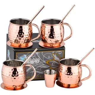 Airina Homestyle Moscow Mule Becher 4er Set, Gehämmerte 4 Kupferbecher mit 4 Strohhalme, 4 Untersetzern und 1 Schnapsglas