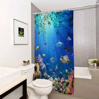 goodbath Duschvorhang 120x180 cm Tropfen, unter Ozeanfisch Anti Schimmel Stoff wasserdichte Badevorhänge für Badezimmer Badewanne, Hellblau